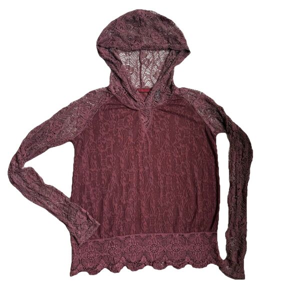 BKE Tops - BKE red Women’s Medium Lace Hooded Top Burgundy Grunge Y2K Long Sleeve